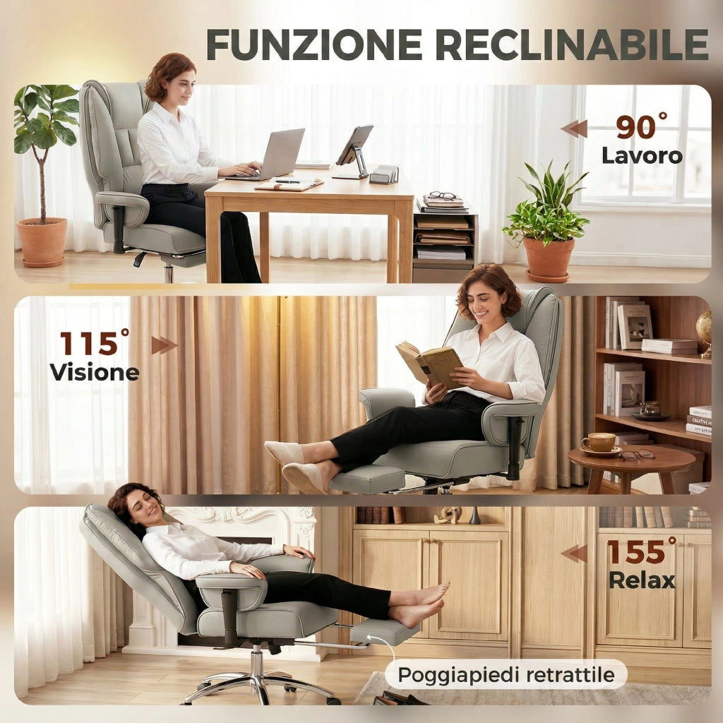 Sedia da Ufficio Ergonomica Reclinabile con Poggiapiedi ¨C Xylo ¨C Schienale Alto, Grigio Chiaro