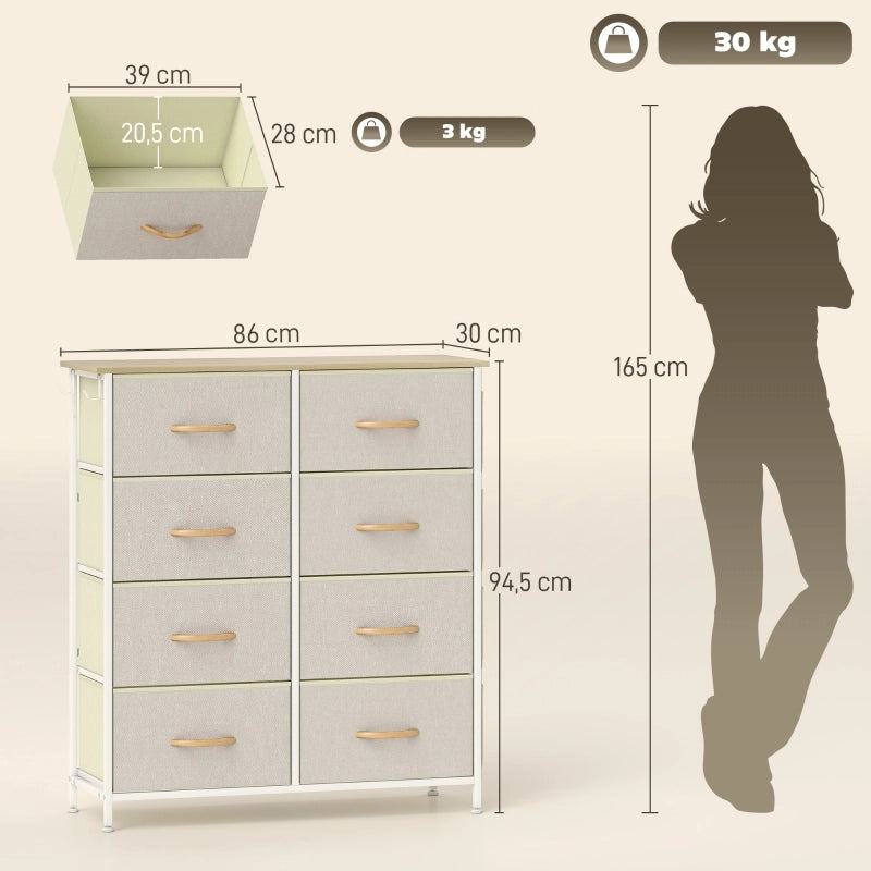Cassettiera con 8 cassetti in tessuto; 4 tasche e 2 ganci; in acciaio; per camera da letto; beige; 86×30×94.5 cm