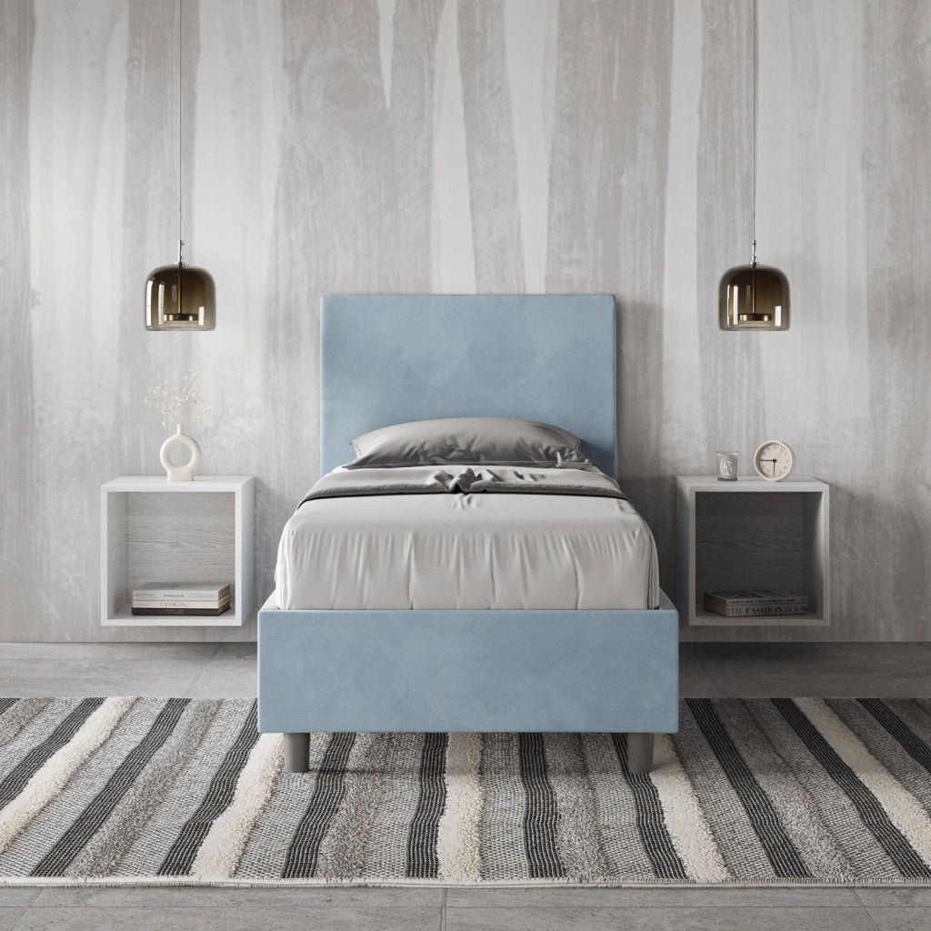 BS COM Letto singolo contenitore imbottito 80x210 microfibra azzurro