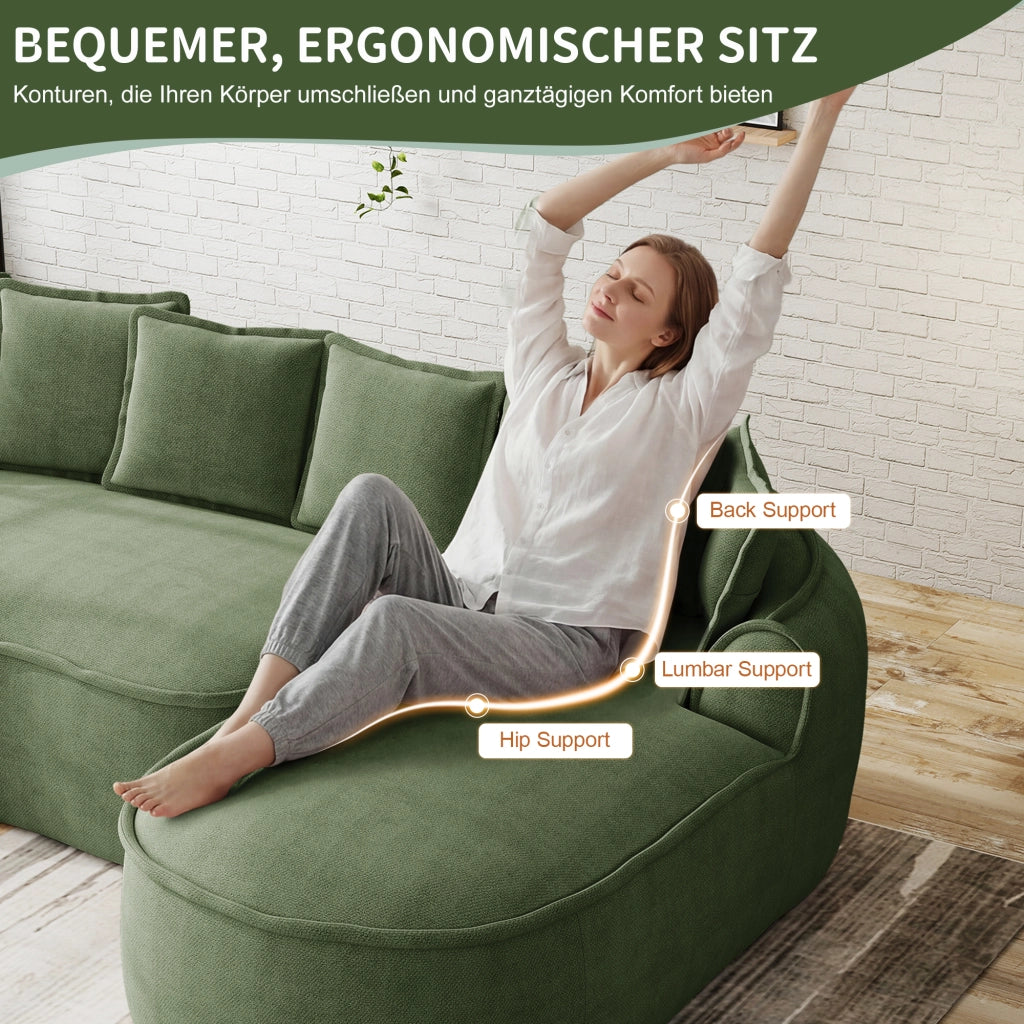 Divano modulare 2 moduli - con funzione letto e chaise longue - in ciniglia verde