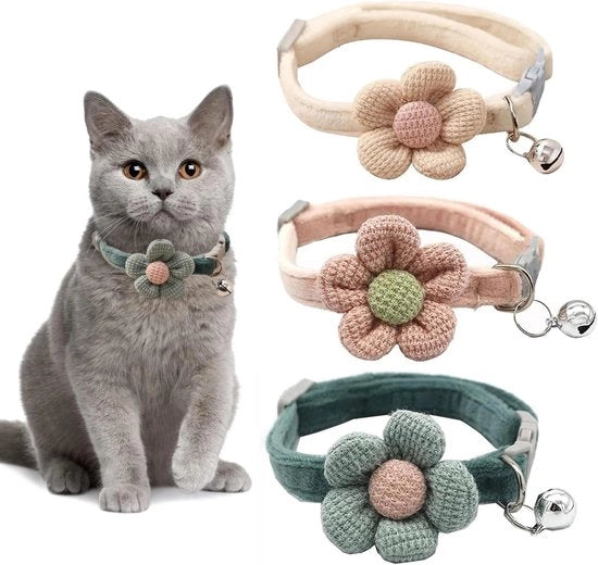 Set di 3 collari per gatti regolabili con fiori e campanelli - Accessori per collari carini per bambini e bambine