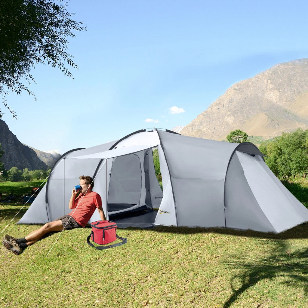 Tenda da Campeggio 5 Posti con 2 Camere Impermeabile con Baldacchino, 590x245x193 cm, Grigio