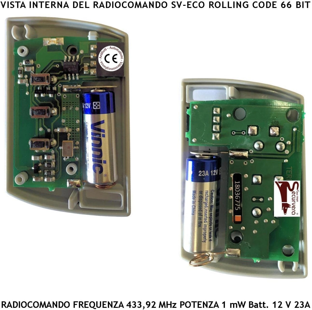 Radiocomando Cancello Automatico Tre Pezzi Frequenza 433,92 MHz 3 Canali Numerati Potenza 1 mW Portata Libera 60/100 MT Codice Sicurezza Securvera Rolling Code 66 Bit Batteria 12 V 23A Contenitore ABS