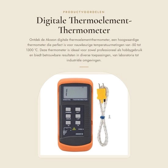 Termometro a Thermocoppia - Sensore Digitale - Raggio di Temperatura -50 a 1300 °C - Precisione ± (0,3 % + 2 °C) - Materiale ABS - Modello DM6801B - Termometro a Temperatura