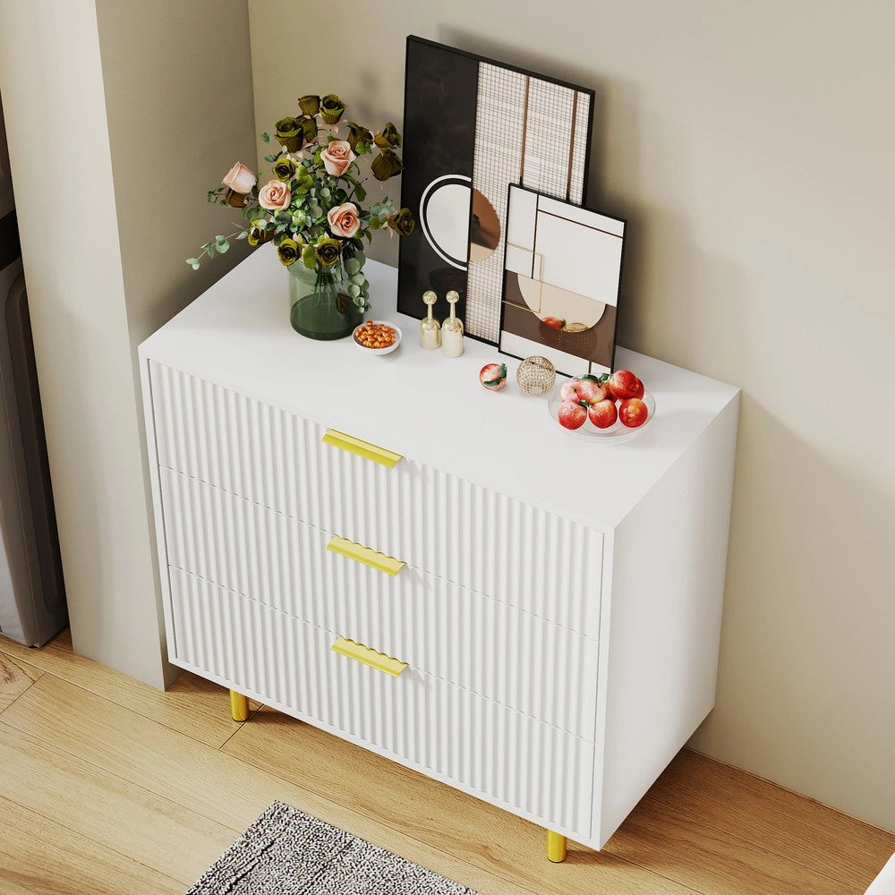 Cassettiera con 3 Cassetti e Design Moderno ¨C MINIMAL ¨C Bianco e Oro 80x40x72 cm