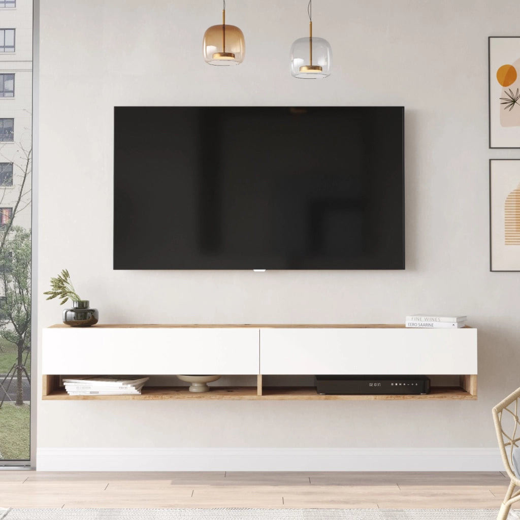 Consolle da Parete 'Laitila' con 2 Ante e Scomparti Mobile Pensile Porta TV 180 cm - Rovere Rustico/Bianco [en.casa]