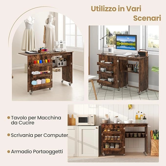 Tavolo da Cucito Pieghevole, Mobile per Macchina da Cucire con Ripiano Portaoggetti, 3 Scomparti Nascosti e Ruote Bloccabili, Mobile Multiuso per Piccoli Spazi (Marrone, 118,5 x 40 x 79,5 cm)