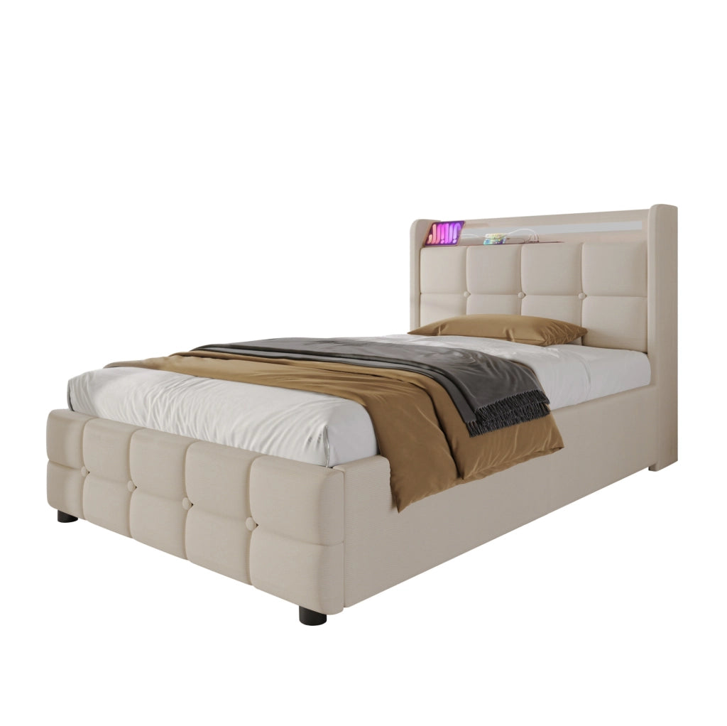 Letto singolo 90x200 cm con USB; prese; LED e 2 cassetti; beige