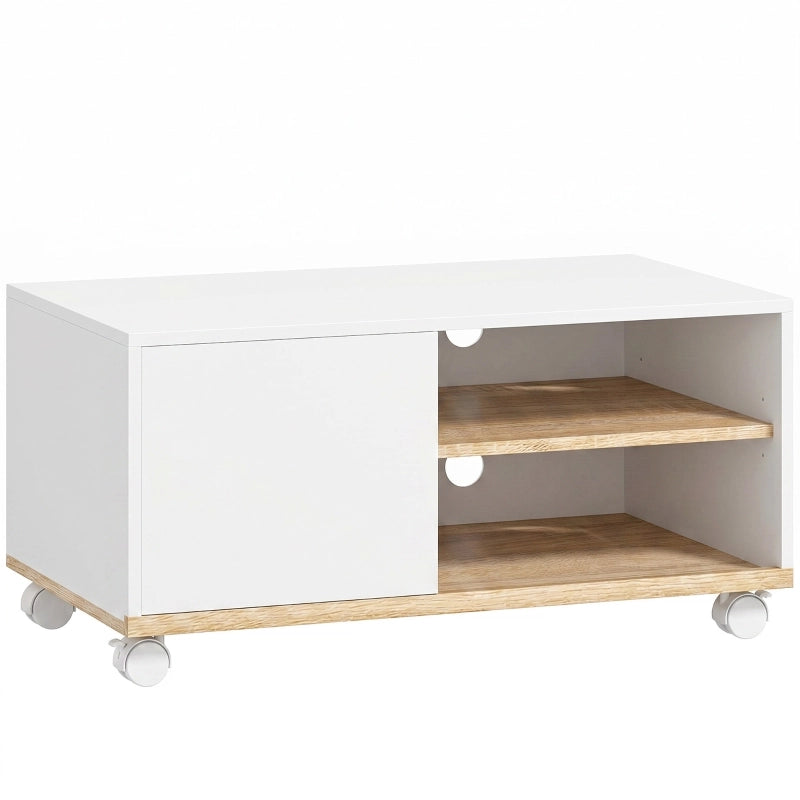 Mobile porta TV su rotelle con freno, mobile TV con armadietto e ripiano regolabile, bianco e rovere