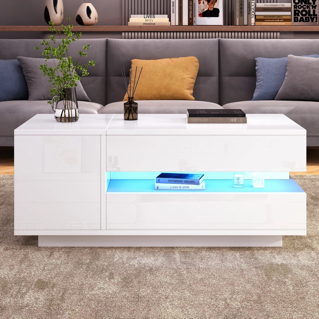 Tavolino da salotto sollevabile 90x50x34,5 cm, bianco lucido, cassetto, armadietto, vani nascosto/semiaperto e LED con app.