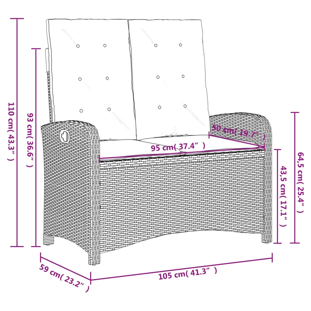 Panca Reclinabile da Giardino con Cuscini-Sgabello-Sedia da esterno Nera in Polyrattan 578210