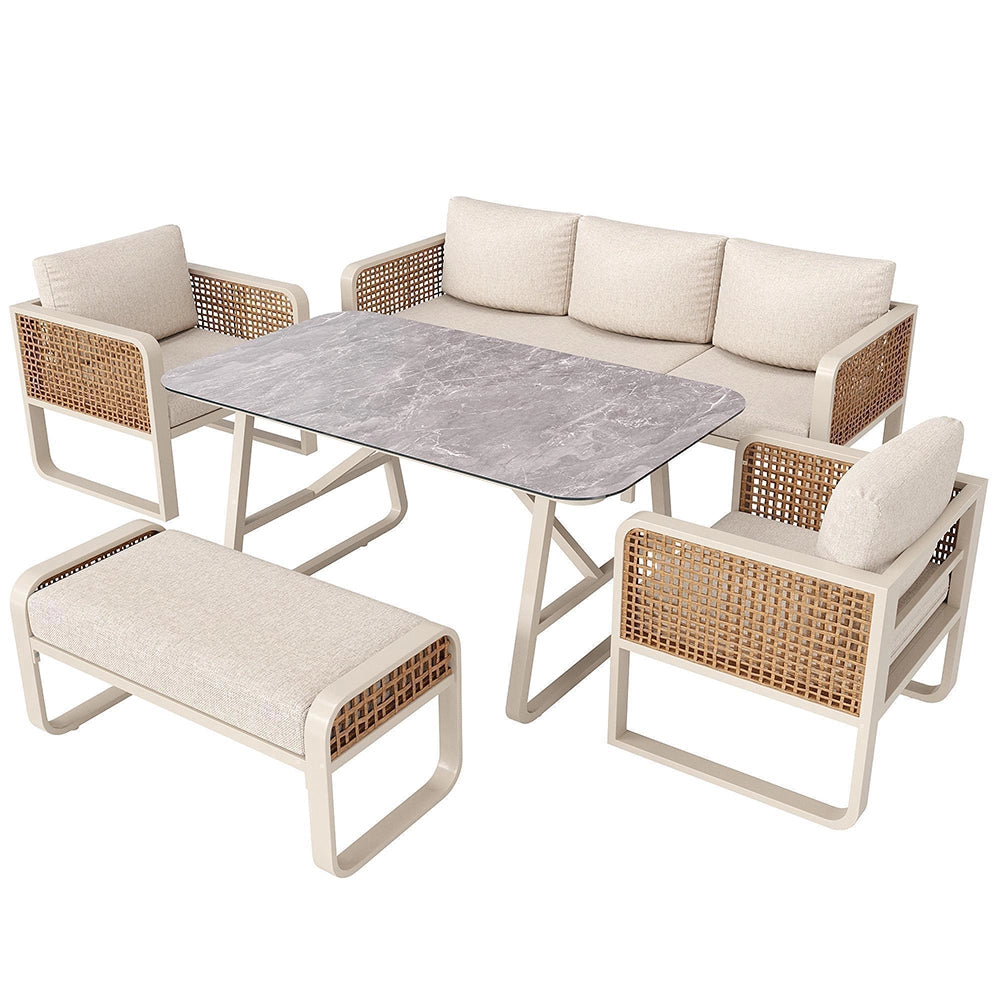 Set da giardino per 6-7 persone - Xylo - Tavolo e divano con cuscini lavabili, beige