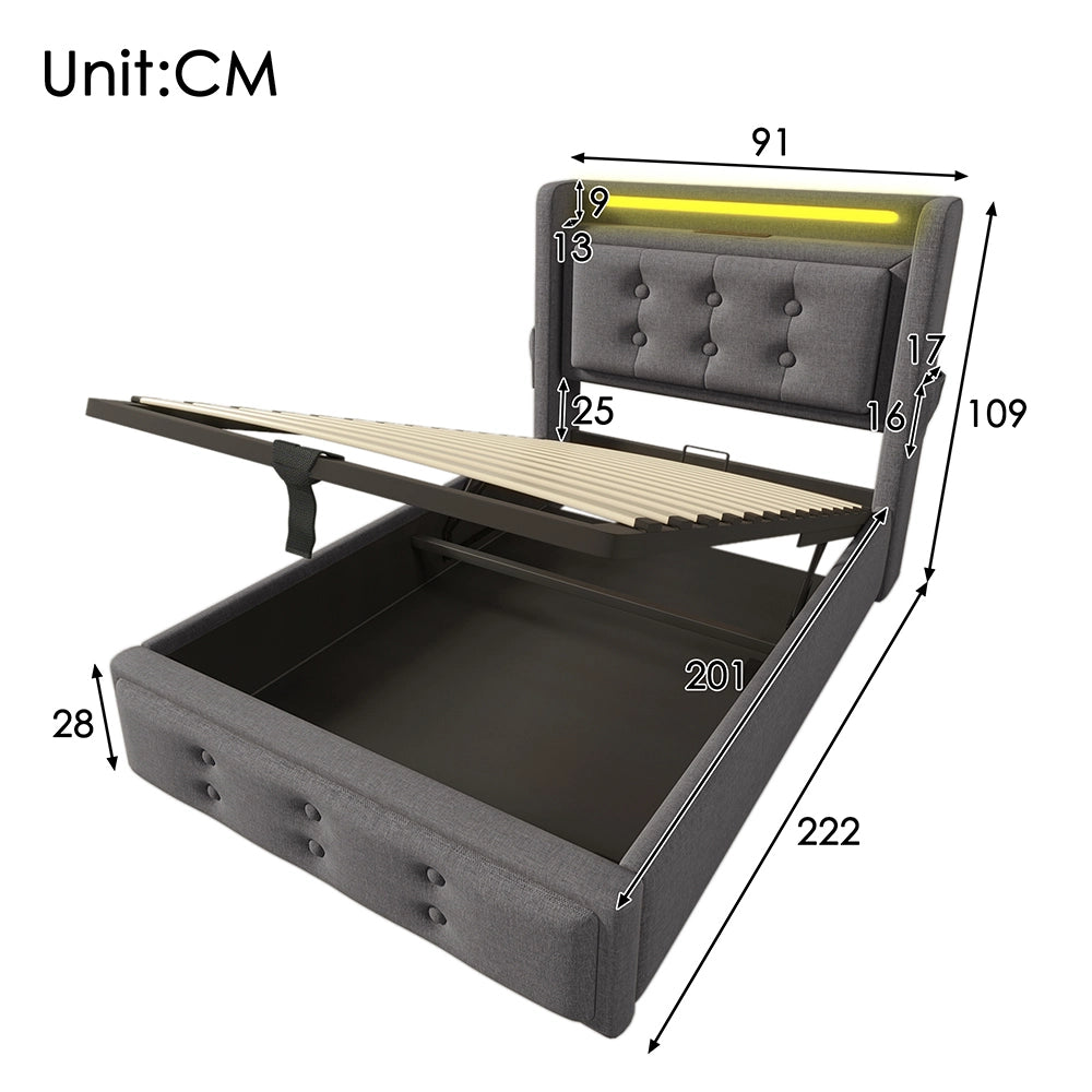 Letto a cassone per adulti - Xylo - 90x200 cm - Grigio - Testiera LED con USB C e rete a doghe