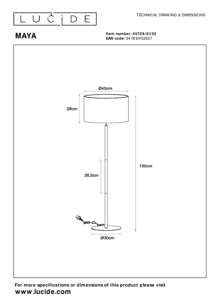 Lampada da terra nera con paralume 150cm E27 Lucide