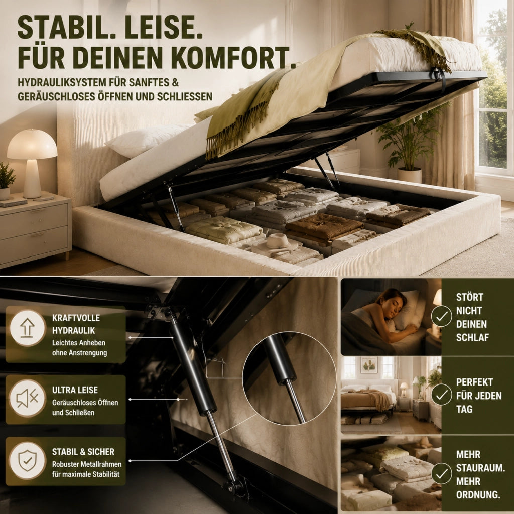 DESMIU Letto contenitore 180 × 200 cm 2 posti con vano idraulico e testiera, senza materasso, in velluto a coste beige