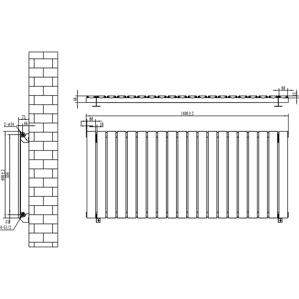 Radiatore Orizzontale 600 x 1400 mm con Valvole TRV Grigio Antracite