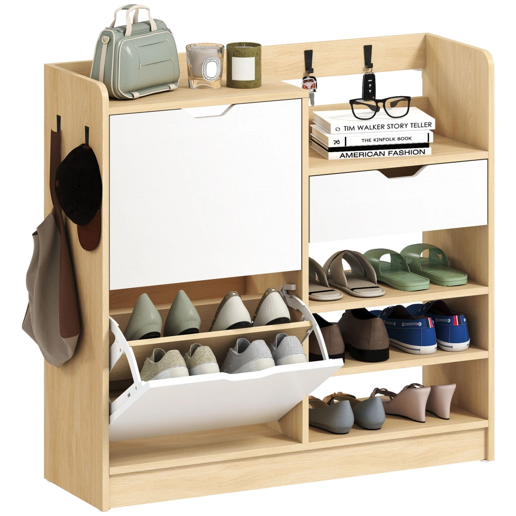 Scarpiera con cassetti e appendiabiti ¨C zephmum ¨C bianco e naturale, 4 ganci per 14 paia di scarpe