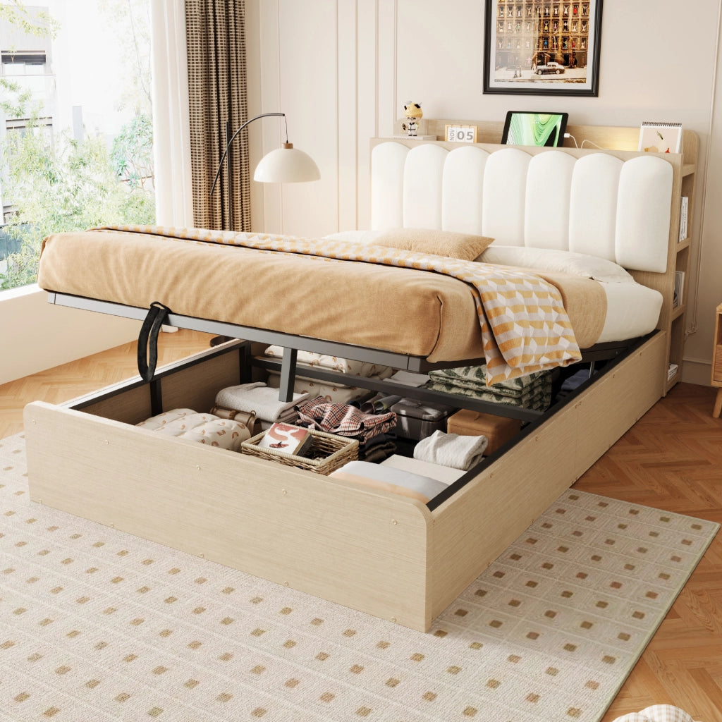 DESMIU Letto contenitore 140 × 200 cm 2 posti con USB, luce e vani, senza materasso, legno naturale