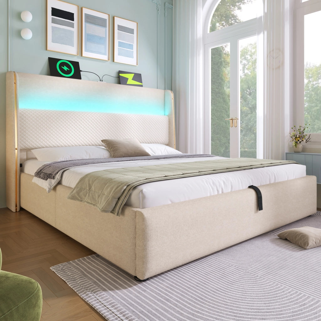 Letto Contenitore 140x200 cm; LED; USB e Type-C in Lino Beige