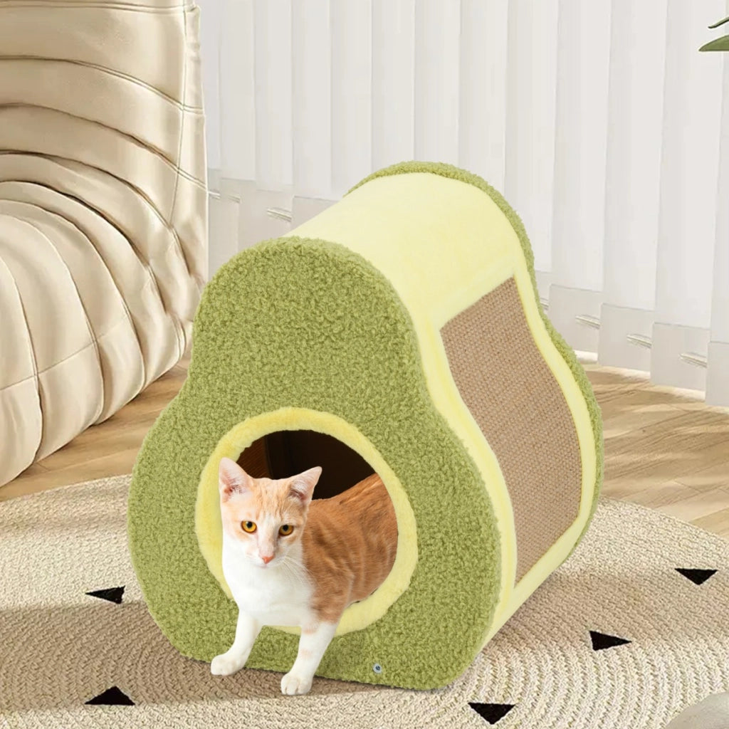 Cuccia per gatti a forma di avocado con tiragraffi in juta, Casetta per gatti carino con foro rotondo Verde-Lettini e divanetti