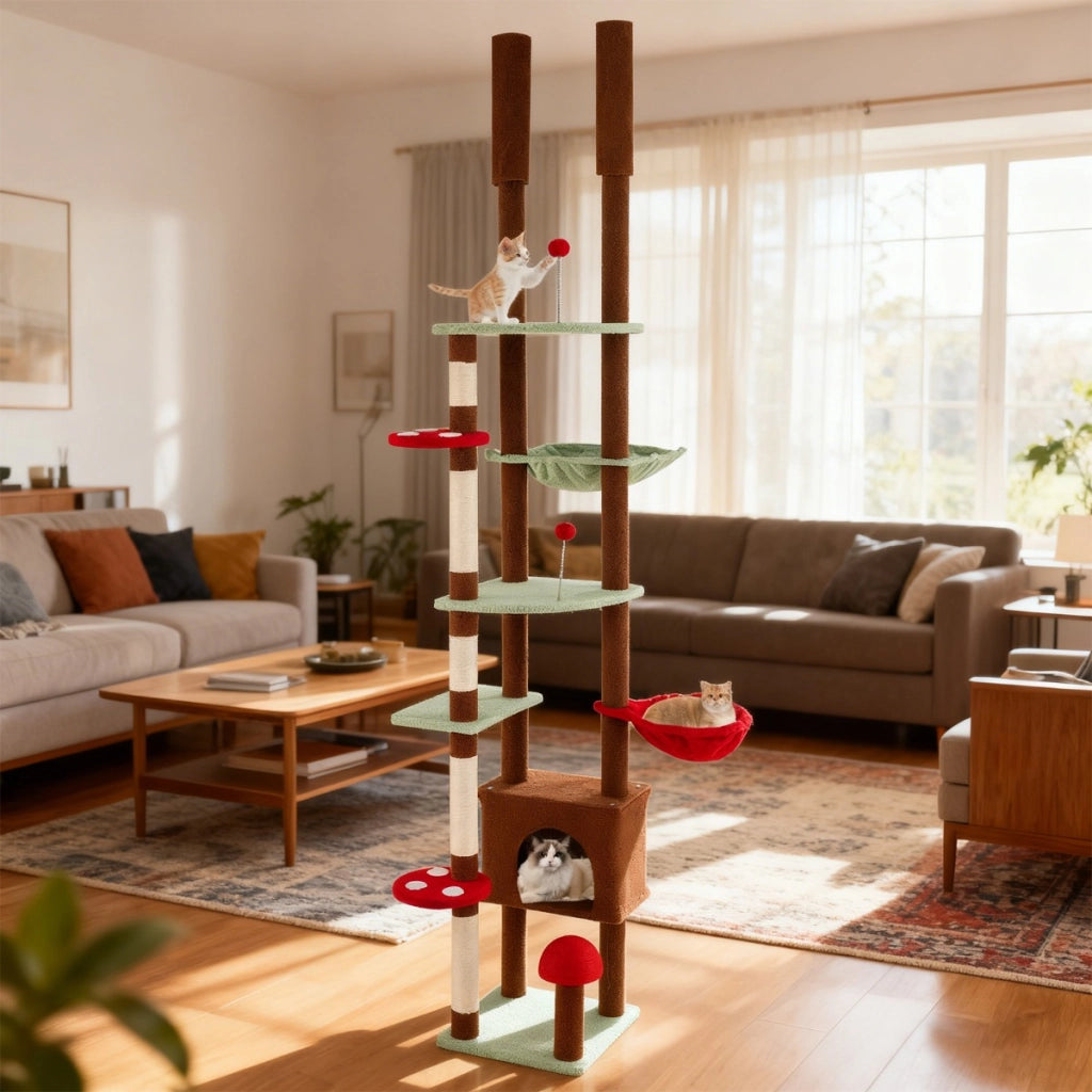 Albero per gatti da pavimento a soffitto altezza regolabile-Piante Decorative Albero per gatti torre fungo con condo e amaca Marrone
