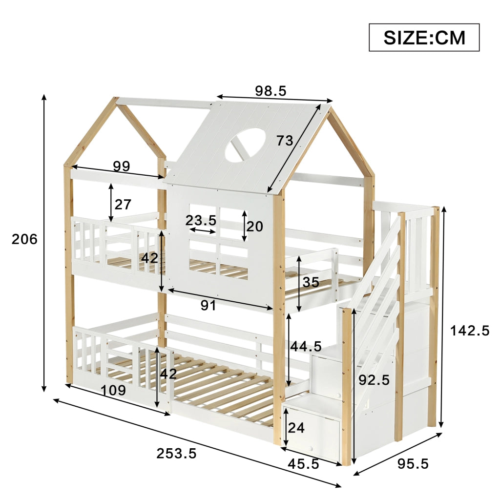 LETTO A CASTELLO 90x200 cm con scala contenitore, bianco e naturale