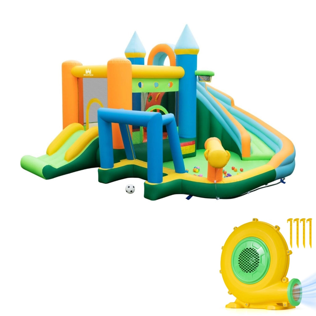 Scivolo gonfiabile d'acqua con doppio scivolo piscina splash parete da arrampicata e soffiatore d'aria da 680W, Parco acquatico gonfiabile e pompa ventilatore elettrico