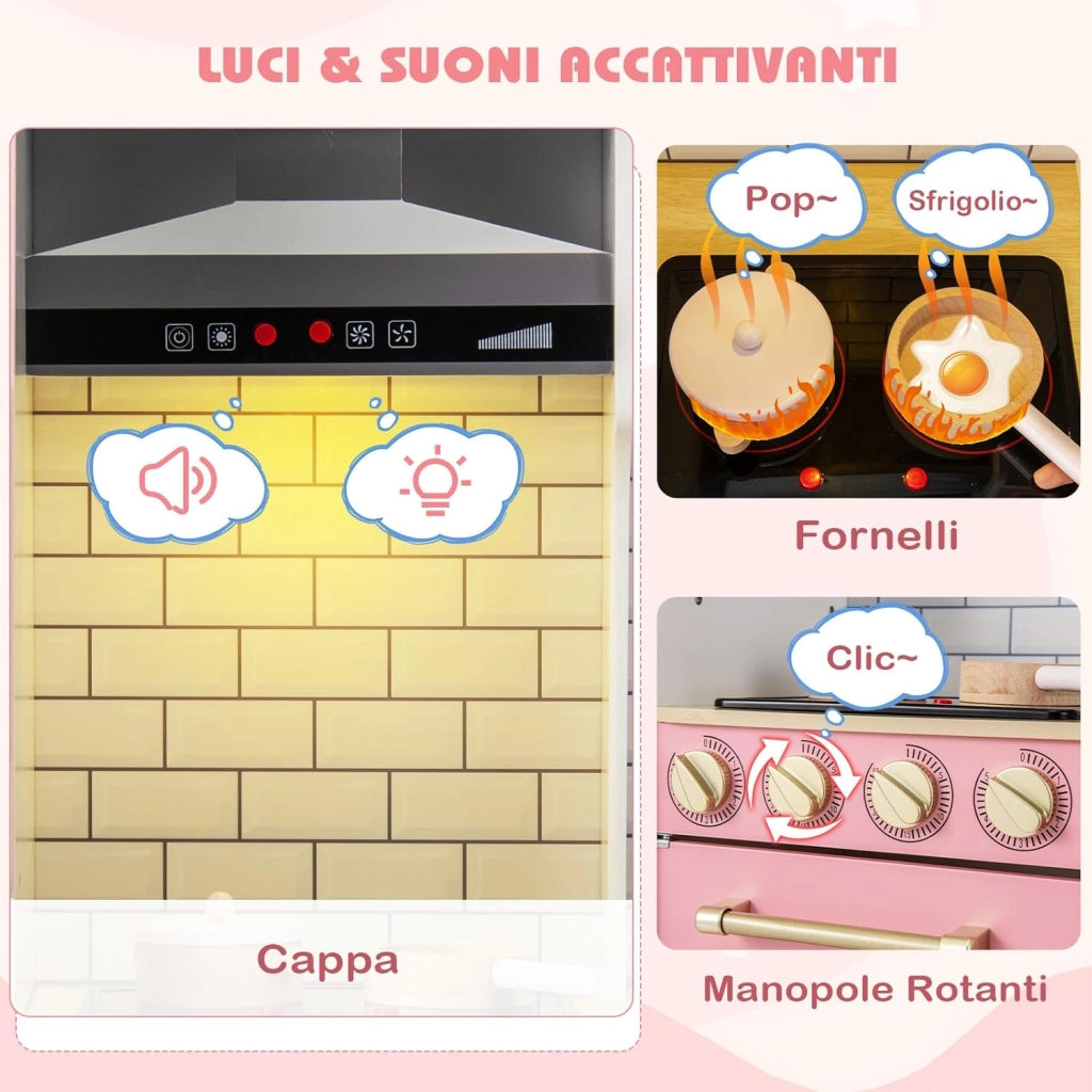 Cucina Giocattolo con Cappa e Fornelli a Suoni e Luci, Cucina per Bambini in Legno con Fabbricatore di Ghiaccio, Microonde, Griglia BBQ e Lavagna, Set Cucina con Accessori, per Bambini 3+ Anni