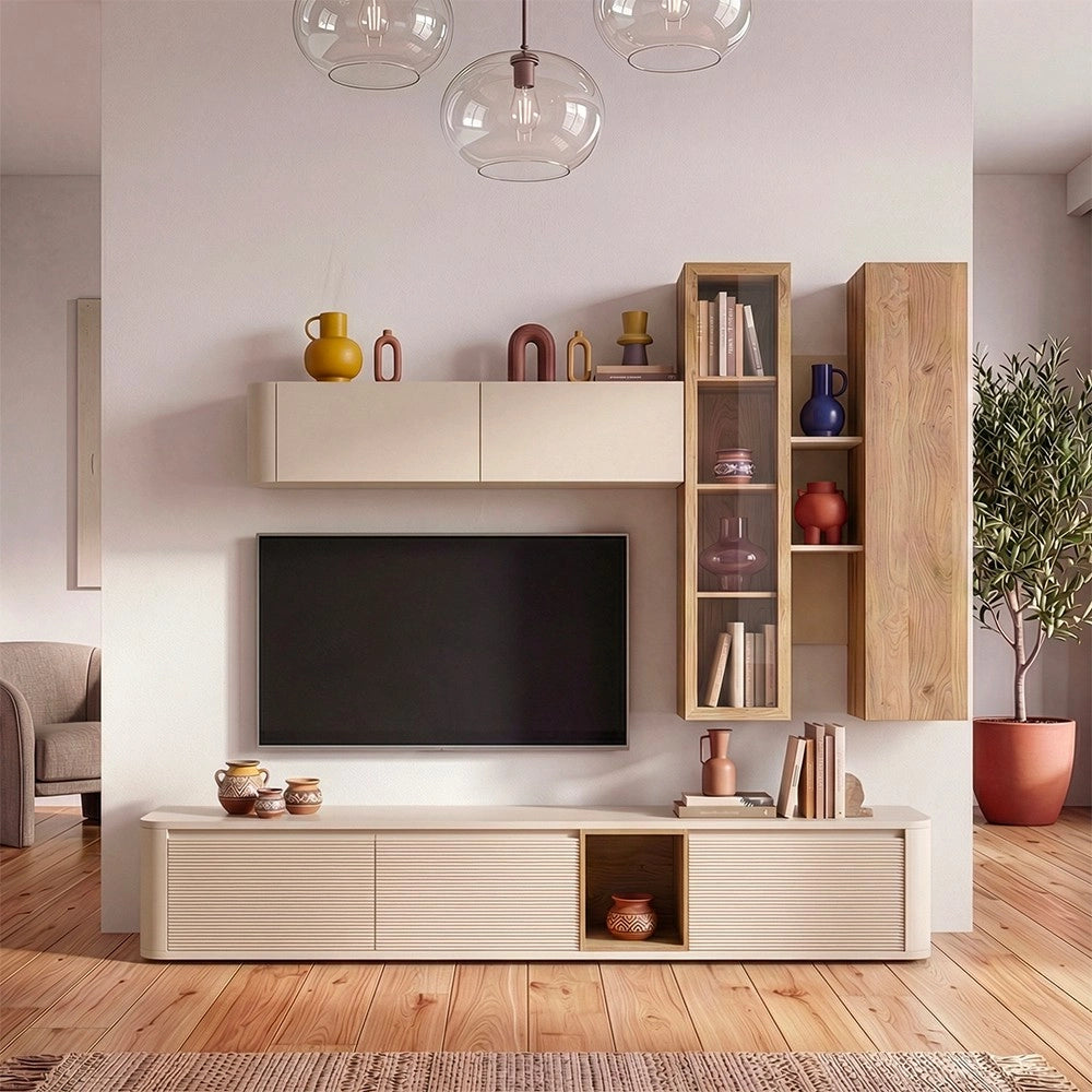Soggiorno parete attrezzata Core grande con porta tv e pensili in colore rovere e cashmere