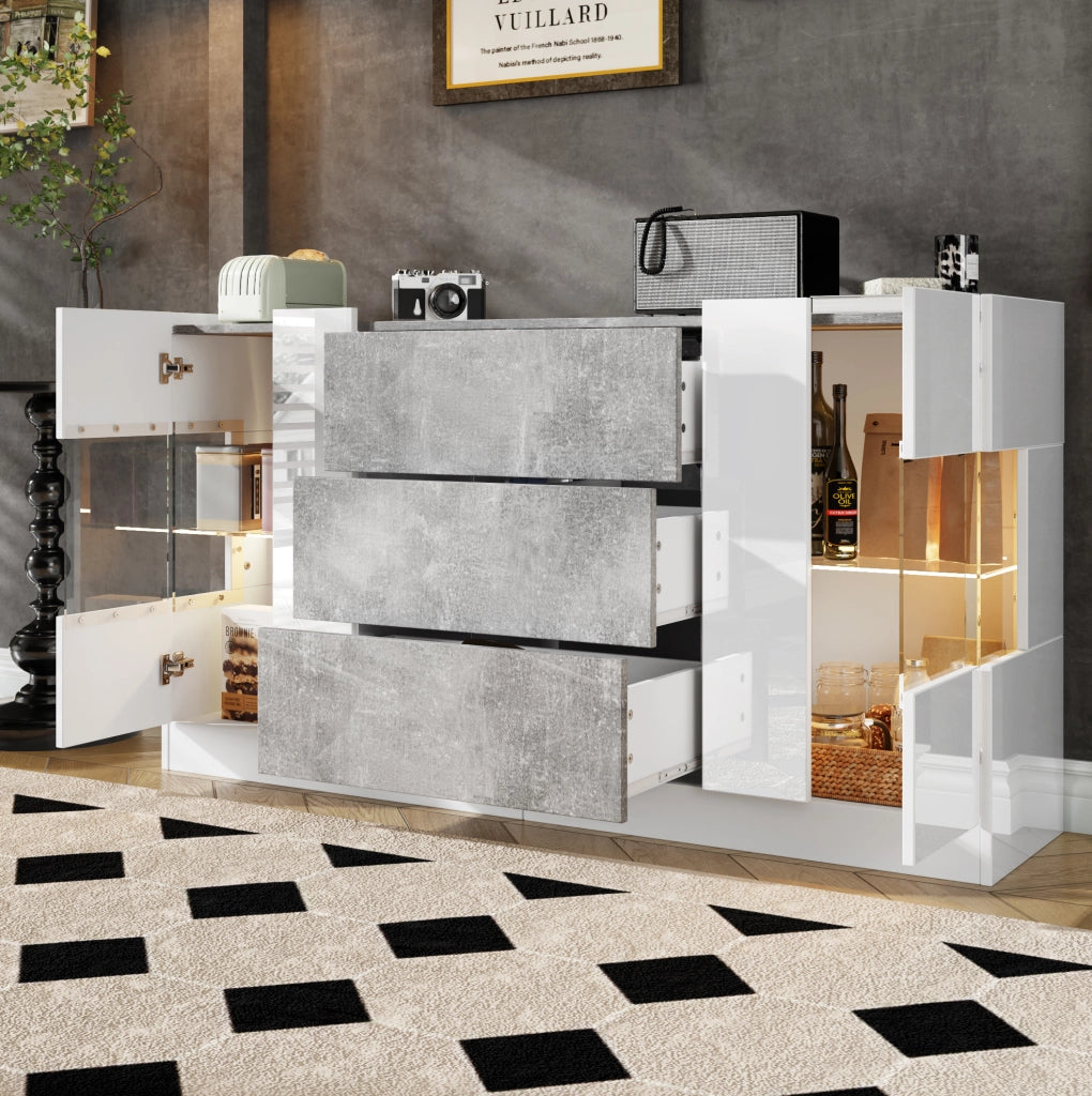 Madia 140x35x75 cm con LED a 16 colori e 2 ante 3 cassetti in MDF; truciolare e vetro bianco e marmo grigio