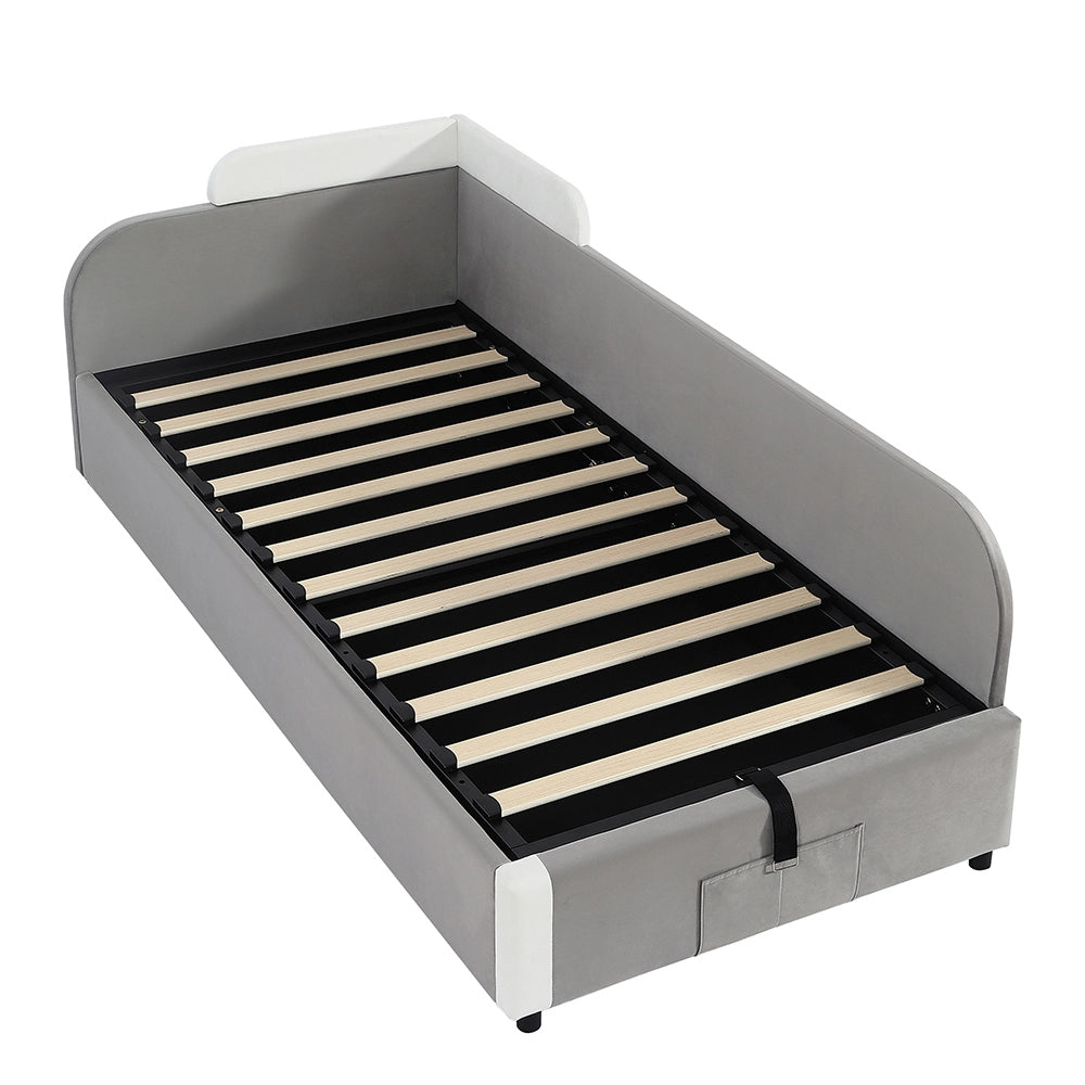 Letto Singolo Idraulico con Contenitore 90x200cm - Xylo - Velluto Grigio con Sponde Morbide