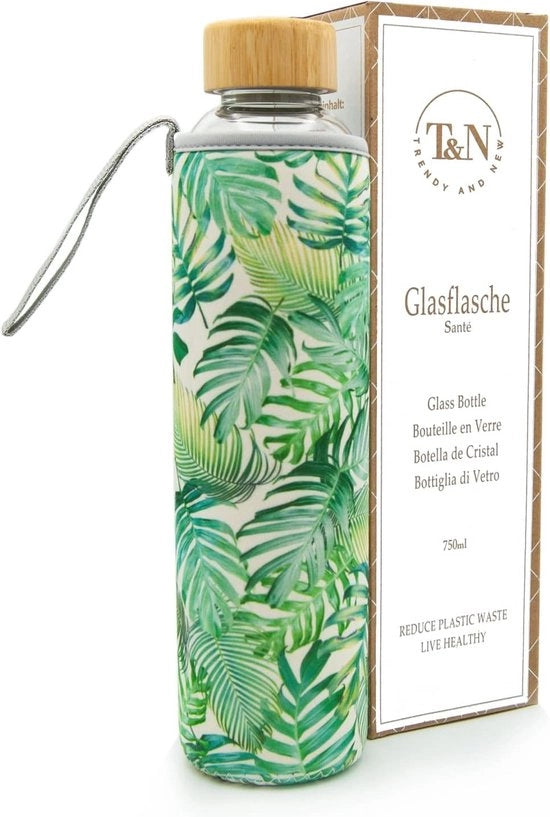 Bottiglia di Vetro per Bevande 750 ml con Pelle Neoprene - Resistentente all'Acqua, Vetro Borosilicato per Acqua Gassata e Caraffe