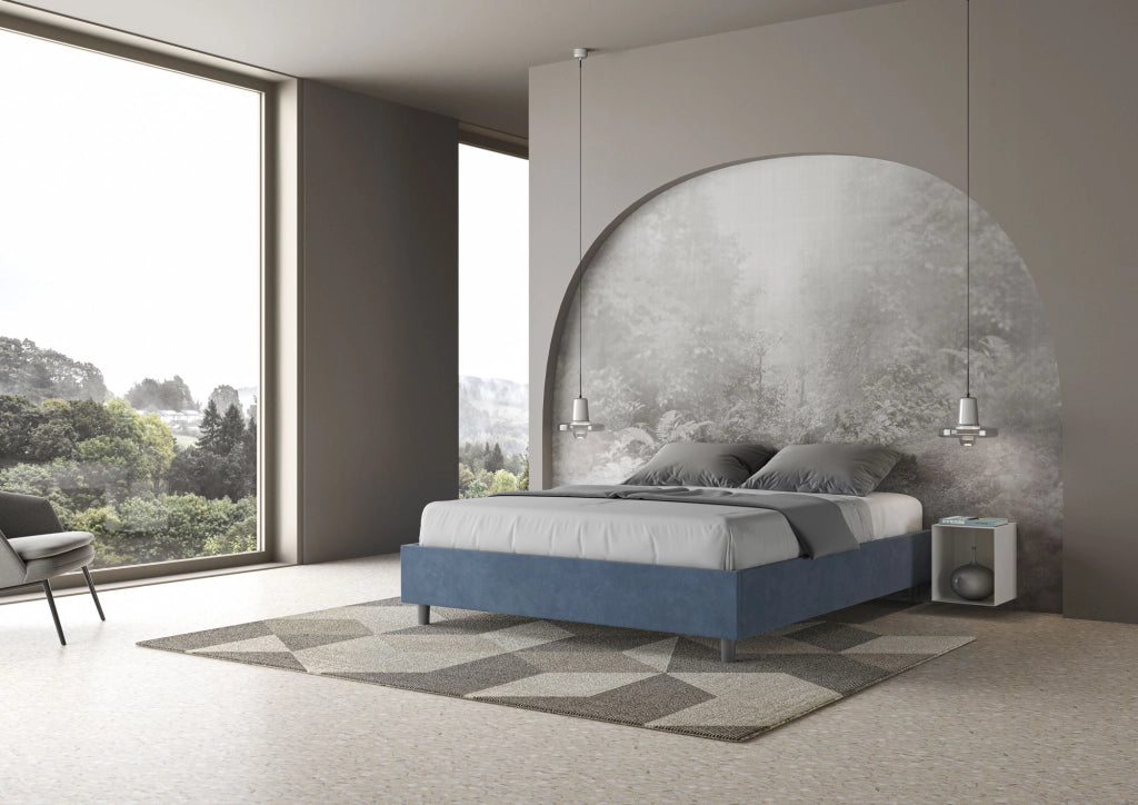 BS COM Letto queen size con rete imbottito 150x210 microfibra blu