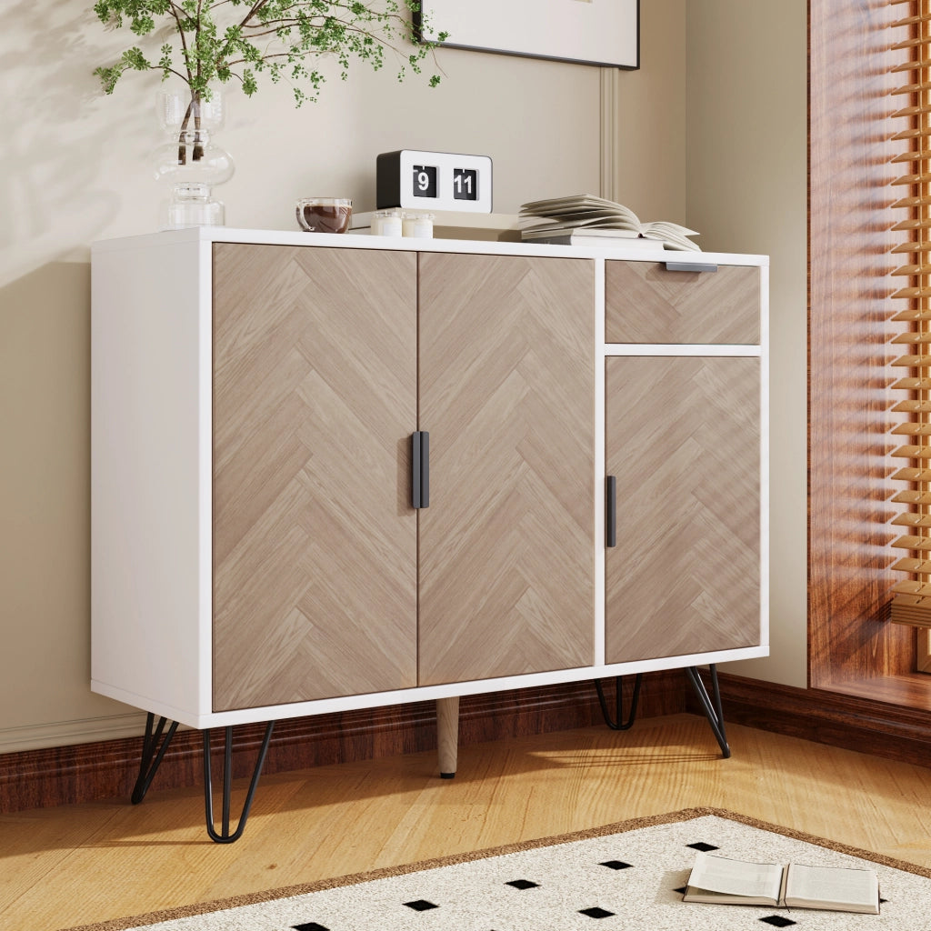 OKWISH Credenza Contenitore con 3 Ante e 1 Cassetto, Ripiani Regolabili, per Soggiorno Ingresso Camera, MDF, Bianco e Legno, 90 x 30 x 71,5 cm