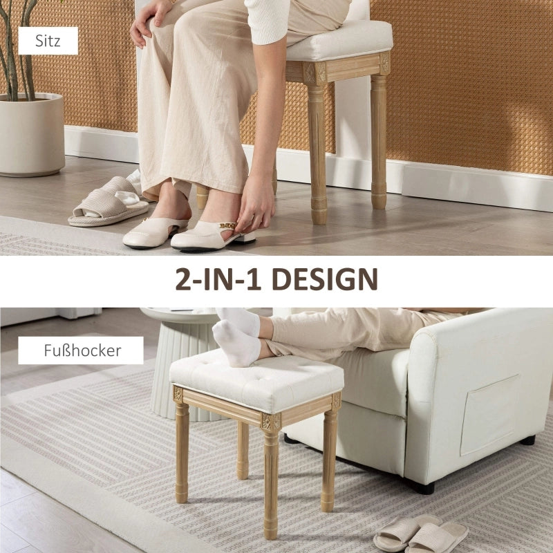 Pouf con seduta imbottita in tessuto effetto lino, gambe in legno, Beige 42 × 32 × 46,5 cm