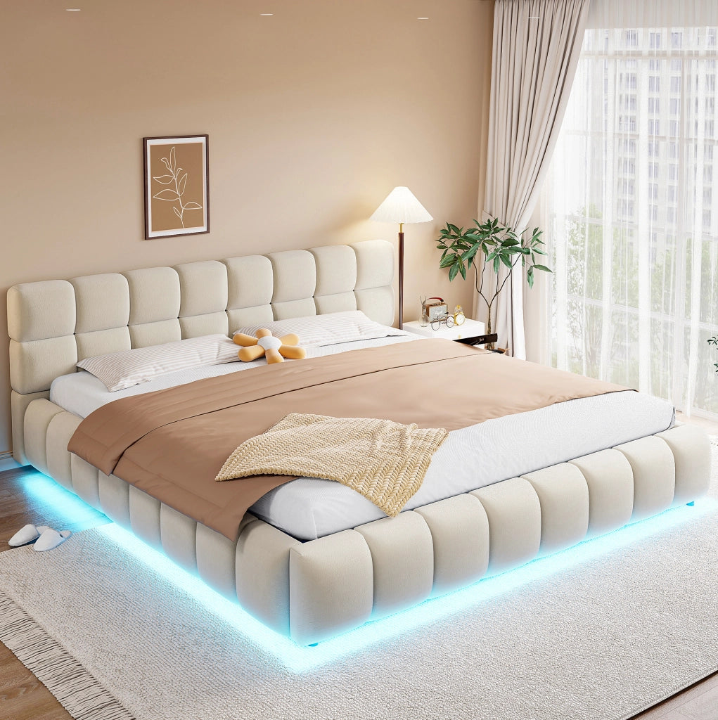 Letto imbottito 180x200 cm in velluto beige con LED e contenitore idraulico