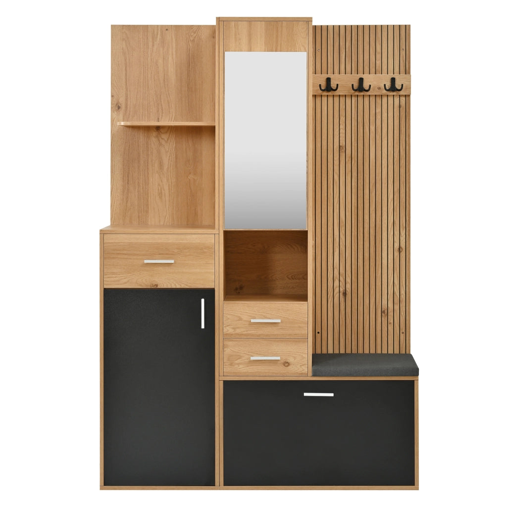 GUARDAROBA Ingresso con Specchio Panchina e Scarpiera LED 120x32x178 cm Nero Naturale