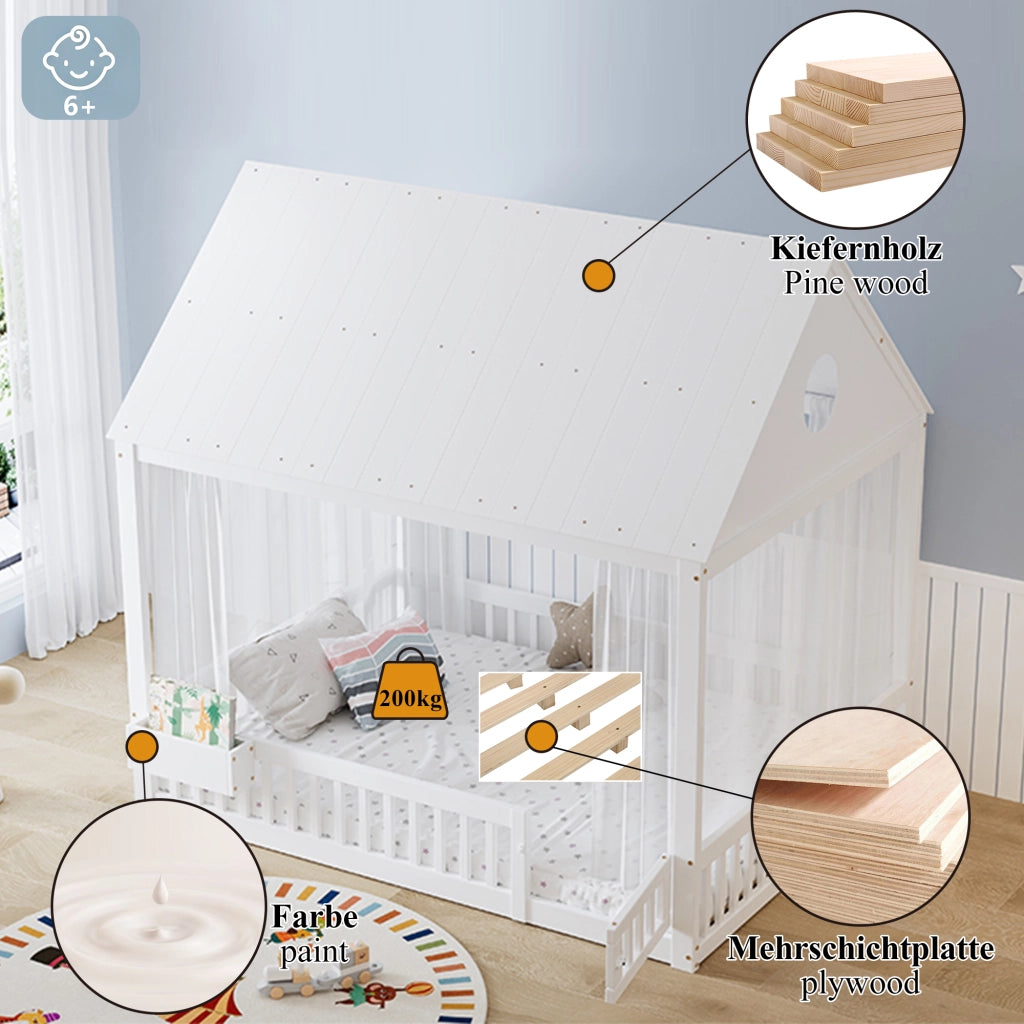 DESMIU Lit enfant 140 × 200 cm avec rangement, fenêtres décoratives, sans matelas, en bois massif et MDF, blanc
