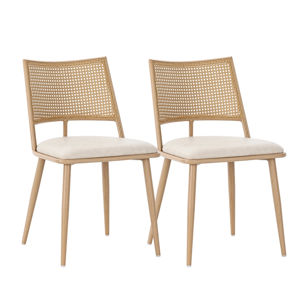 Set di 2 sedie da pranzo con schienale in rattan e seduta in PU per sala da pranzo in rattan beige
