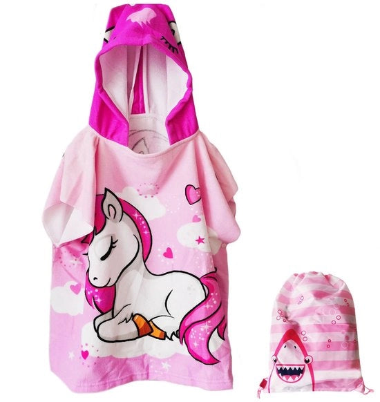 Poncho per bambini con cappuccio - Asciugamano per bagno in cotone - Disegno unicorno - Ideale per spiaggia/camera da bagno - Dimensioni 60x90 cm - Tessuto super soffice - Asciugamano per bagno