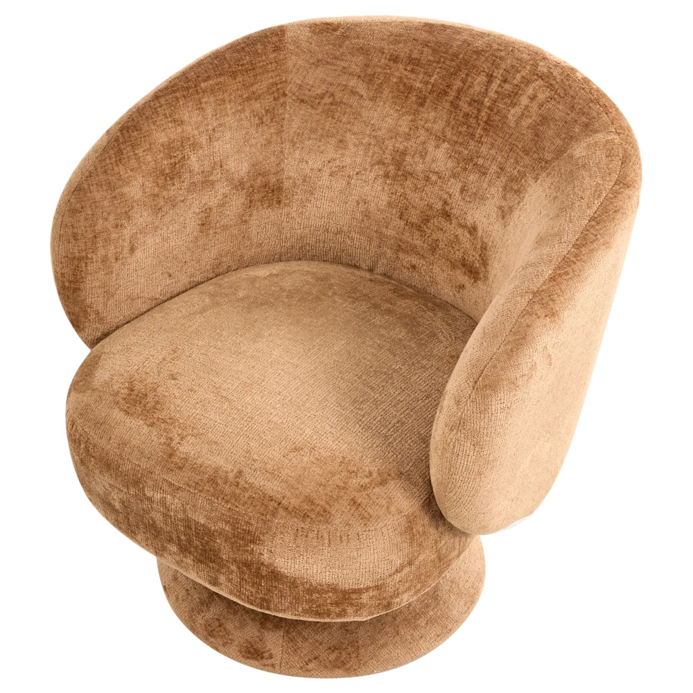 Poltrona girevole con seduta in ciniglia marrone dorato senza braccioli con cuscino, schienale rotondo, gambe in metallo, stile retrò