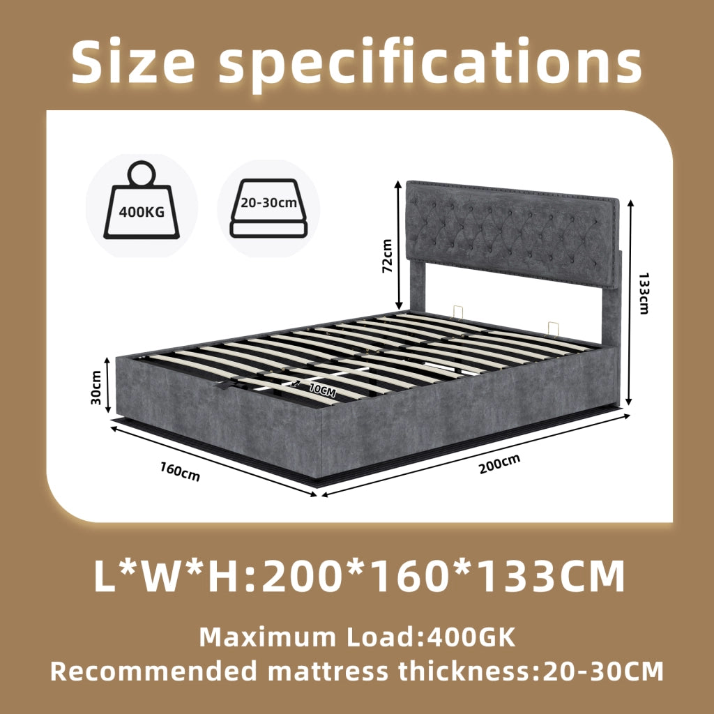 DESMIU Letto contenitore 160 × 200 cm 2 posti con spazio sotto il letto, senza materasso, in tessuto e metallo, grigio