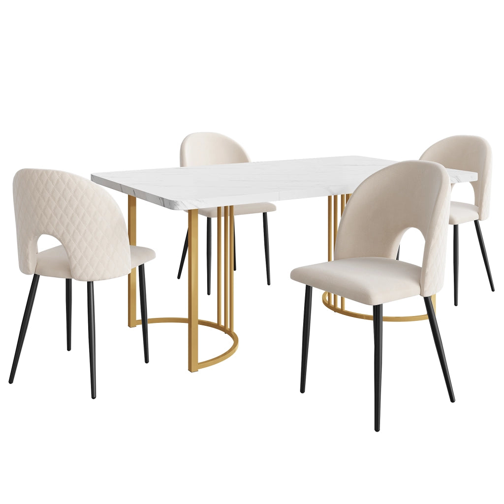 Set Tavolo da Pranzo Allungabile con 4 Sedie in Velluto ¨C MINIMAL ¨C Beige, Piano MDF Bianco, 140x80 cm