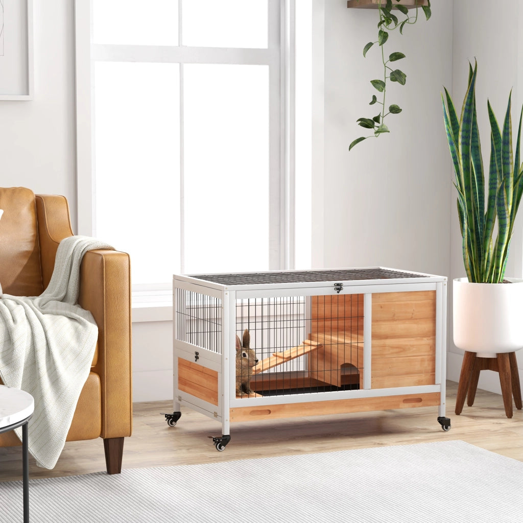 Casetta Interna per Conigli e Porcellini d'India in Legno con Coperchio Apriporta e Rotelle ¨C Minimal ¨C Giallo e Bianco 90x53x59 cm