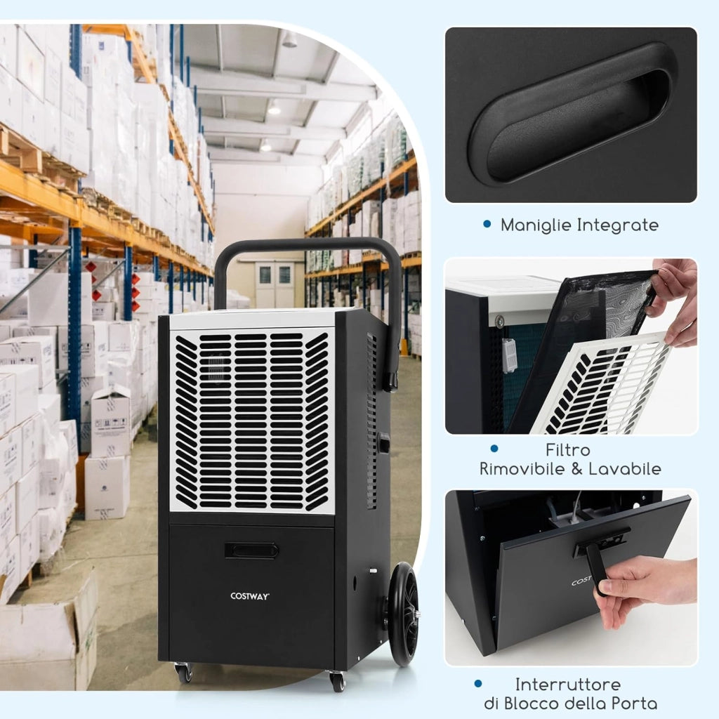 66 L Deumidificatore Commerciale, Deumidificatore con Pompa e Tubo di Drenaggio, Deumidificatore Industriale con Timer 24H e 4 Ruote per Cantina Magazzino (Bianco)