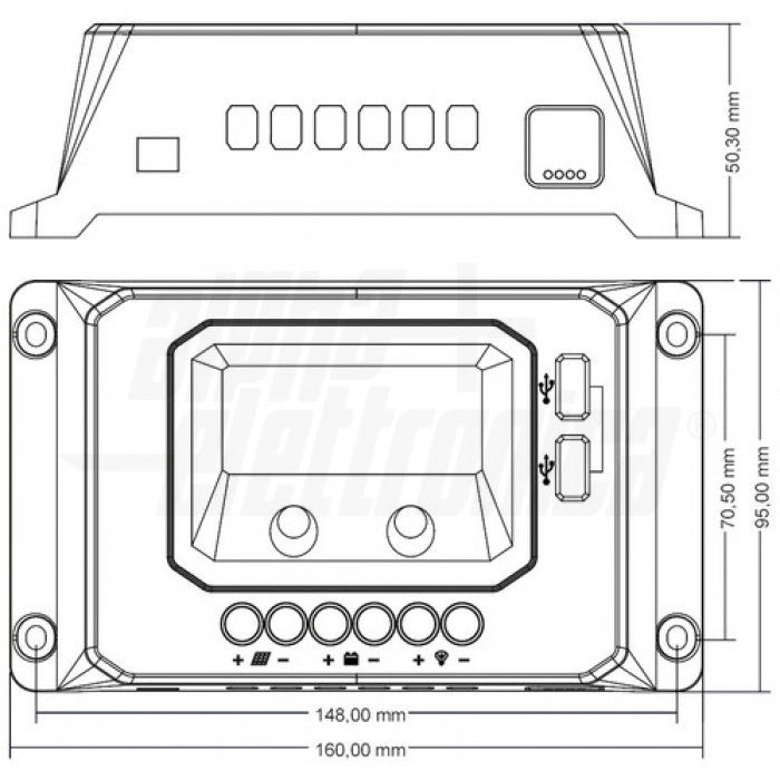 Regolatore di carica PWM 12/24V 20A con display, uscita USB 5V e crepuscolare configurabile