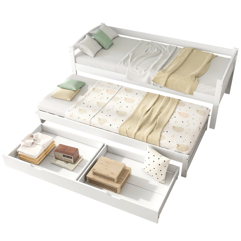 Letto a scomparsa con ruote - Zephmum- 2 cassetti MDF, telaio in legno massello, bianco (200x90/190x90cm)