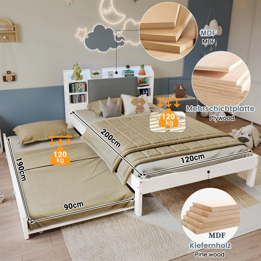 DESMIU Lit simple 120 × 200 cm con letto estraibile 90 × 190 cm, LED, ripiano e ricarica, senza materasso, bianco