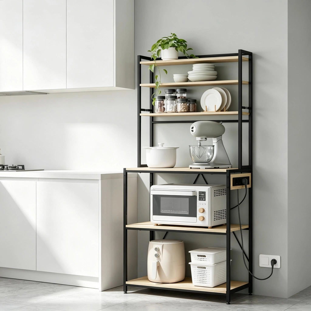 Scaffale da cucina con prese elettriche, 6 ripiani aperti, 6 ganci, effetto quercia chiara