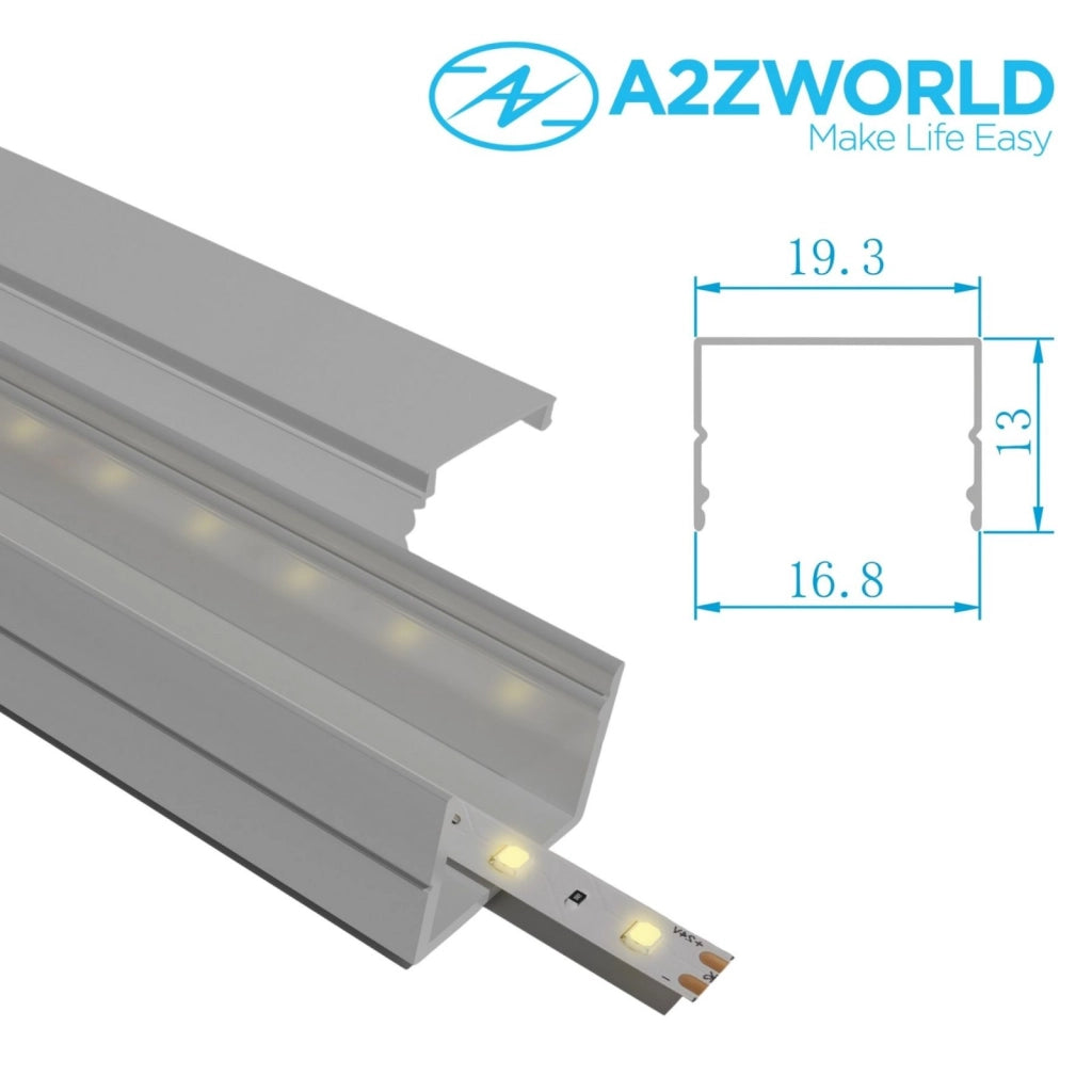 Kit Profilo Alluminio Completo Da 2 Metri Per Striscia Led, Alta, Dimensione 19.3X13mm, Larghezza Interna 15mm, 135g/m, Copertura Opale, Tappi Chiusura e Clip Fissaggio Incluso